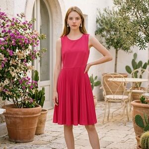 Shelby & Palmer Sleeveless Pleated Midi Dress in Fuchsia Pink